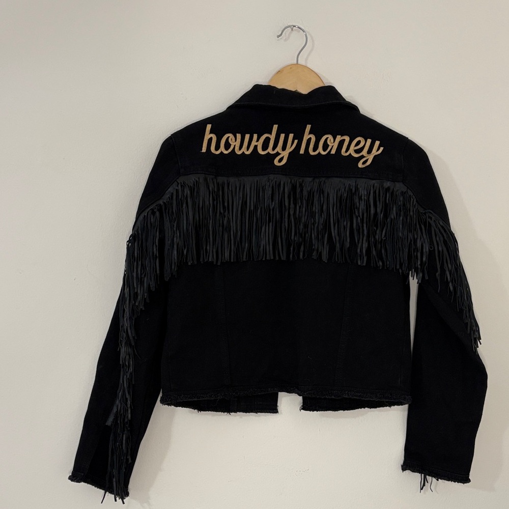 Black Fringe Jean Jacket with 'howdy honey' Script
